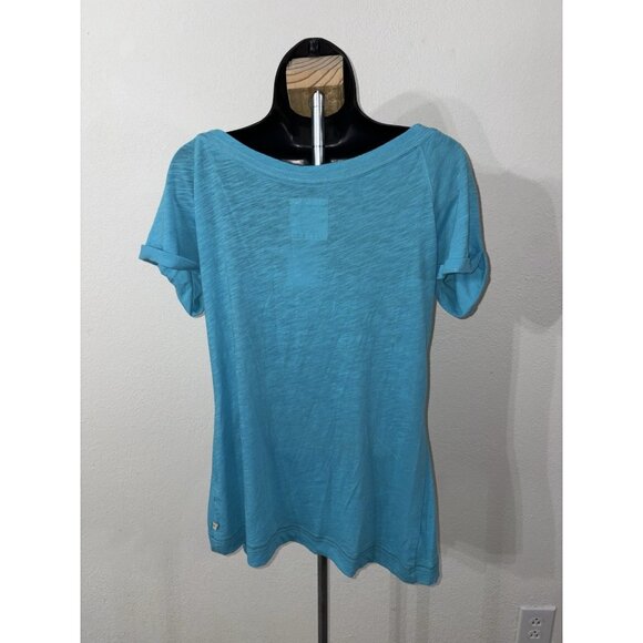 Hollister Shirt Top Women Medium Scoop Neck Tie Waist Cap Sleeve Blue - Picture 6 of 8